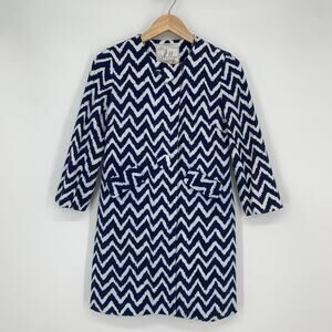 Milly Chevron Printed Jacket Collarless Long Line Textured Cotton Coat Navy Blue